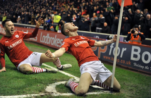 Ryan Kent celebrates goal for Barnsley