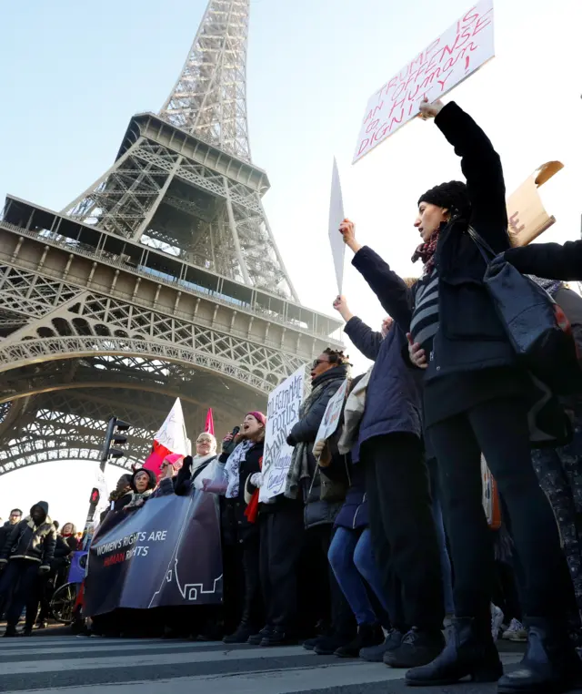 Protesters take part in the Women"s March in Paris, France, January 21, 2017.