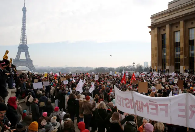 Protesters take part in the Women"s March in Paris, France, January 21, 2017.