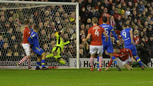 Chris Wood scores for Leeds against Barnsley