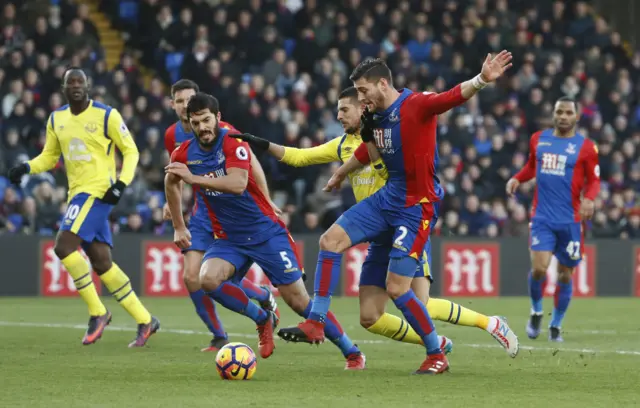 Crystal Palace's Joel Ward in action with Everton's Kevin Mirallas