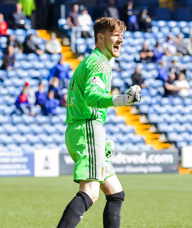 Albion Rovers goalkeeper Ross Stewart celebrates against Kilmarnock