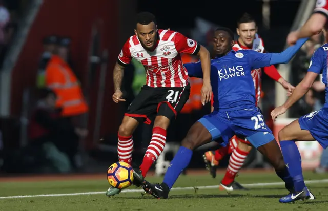 Southampton's Ryan Bertrand in action with Leicester Citys Wilfred Ndidi