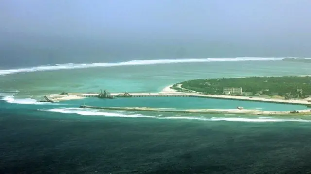 This aerial view of the city of Sansha on an island in the disputed Paracel chain, which China now considers part of Hainan province on July 27, 2012