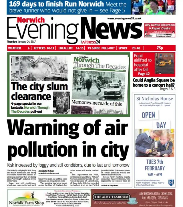 The front page of Norwich Evening News