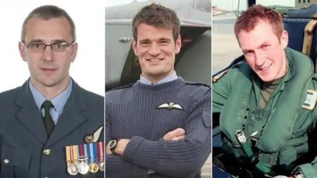 Airmen (from left) Sqn Ldr Samuel Bailey, Flt Lt Hywel Poole and Flt Lt Adam Sanders died in the crash