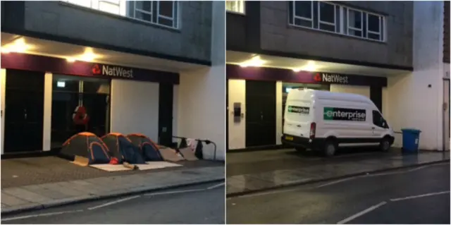 Rough sleepers in Truro, and the site after it was cleared