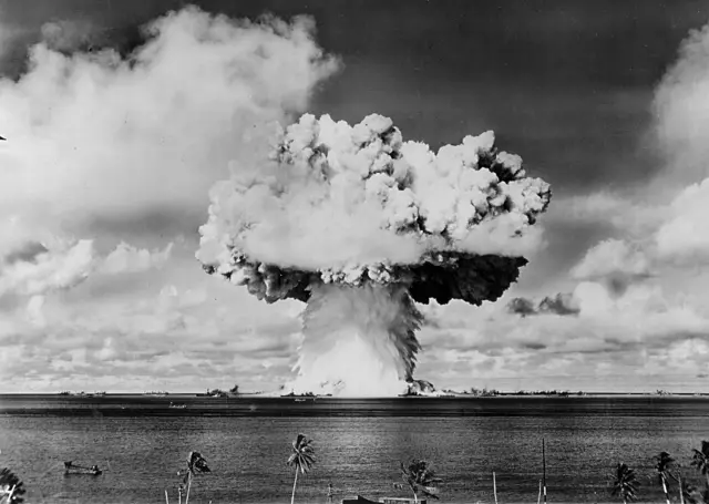 An atomic cloud rises July 25, 1946 during the 'Baker Day' blast at Bikini Island in the Pacific.