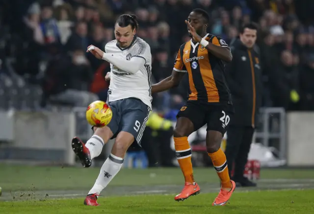 Zlatan Ibrahimovic in action with Hull City's Adama Diomande