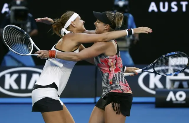 Bethanie Mattek-Sands and Lucie Safarova celebrate