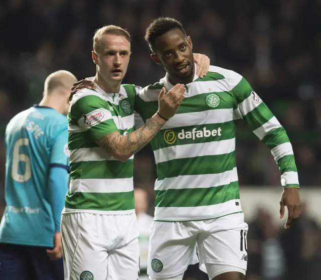 Leigh Griffiths and Moussa Dembele celebrate with Celtic