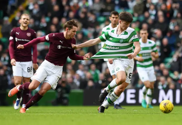 Sam Nicholson grapples with Celtic full-back Kieran Tierney