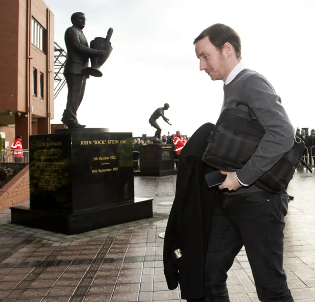 Hearts head coach Ian Cathro arrives at Celtic Park