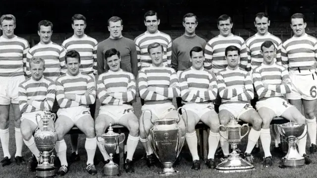 Celtic show off their trophy haul from 1966-67 season, including the European Cup