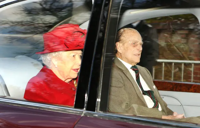 Queen Elizabeth II and the Duke of Edinburgh arriving to attend the morning church service at St Mary Magdalene Church in Sandringham, Norfolk