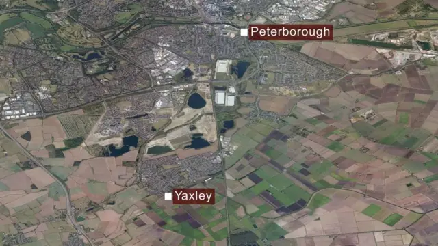 Map showing Yaxley and Peterbrough