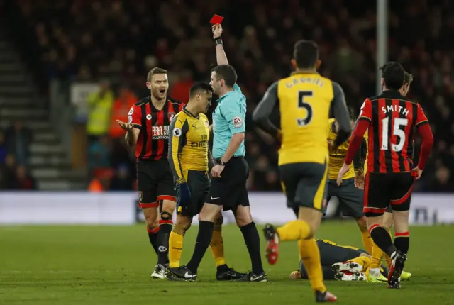 Simon Francis is shown a red card