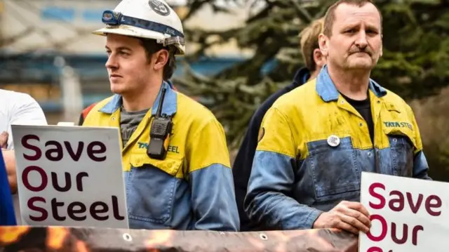 Steelworkers at Port Talbot last April when the business had been put up for sale