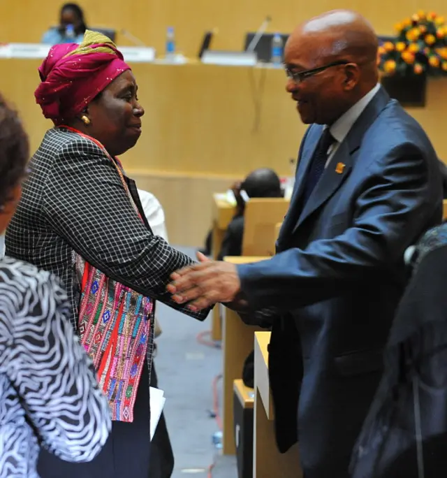 Nkosazana Dlamini-Zuma is congratulated by her former husband, South African President Jacob Zuma, on July 16, 2012 in Addis Ababa