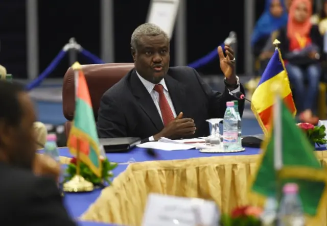 Chadian Minister of foreign affairs, Moussa Faki Mahamat speaks during a meeting of foreign ministers from Sahel countries that back dialogue in Mali on June 16, 2014 in the Algerian capital Algiers.