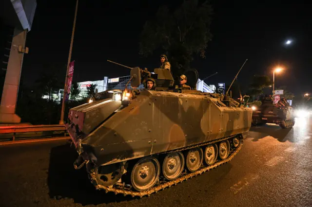 Turkish Army's APC's move in the main streets in the early morning hours of July 16, 2016 in Istanbul, Turkey.