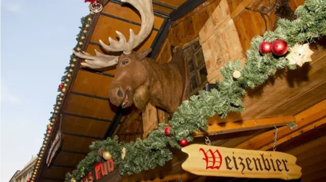 Singing moose character at the Frankfurt Christmas market in Birmingham