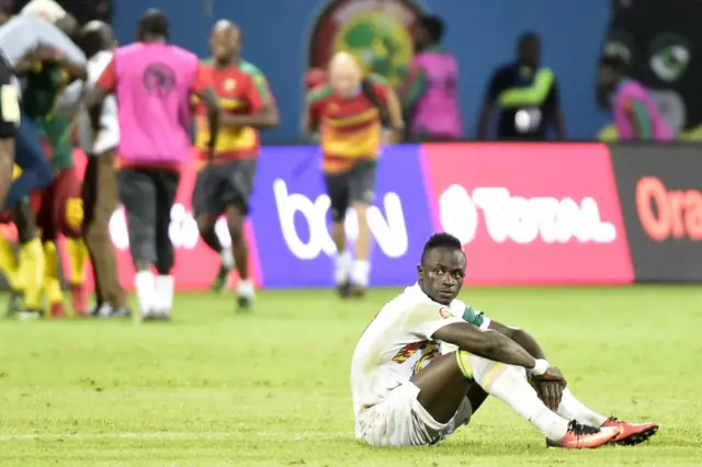 Sadio Mane reacts after the penalty shootout at the end of the 2017 Africa Cup of Nations quarter-final football match between Senegal and Cameroon in Franceville on January 28, 2017.