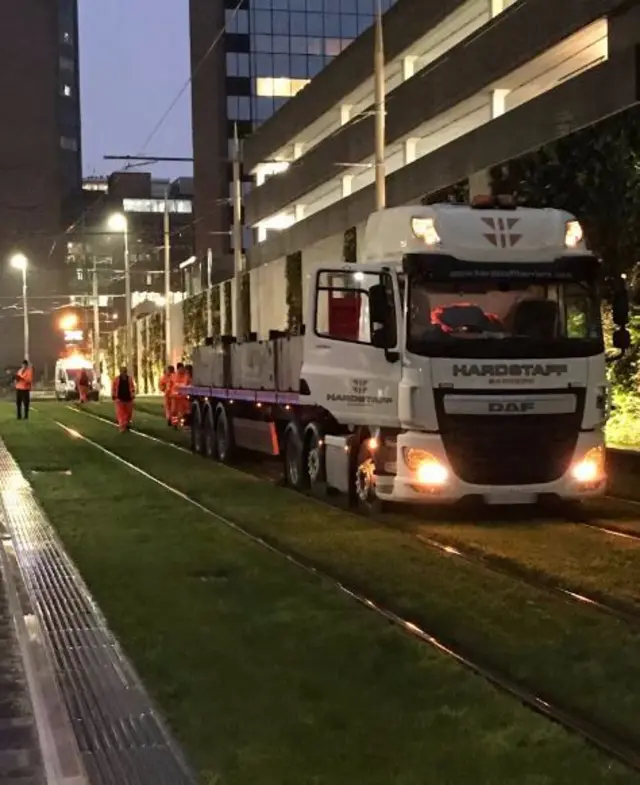 Lorry on tram tracks