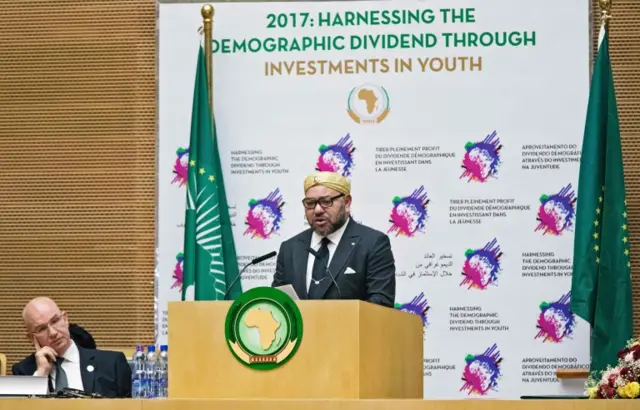 The King of Morocco Mohammed VI delivers a speech in the main plenary of the African Union in Addis Ababa on January, 31, 2017