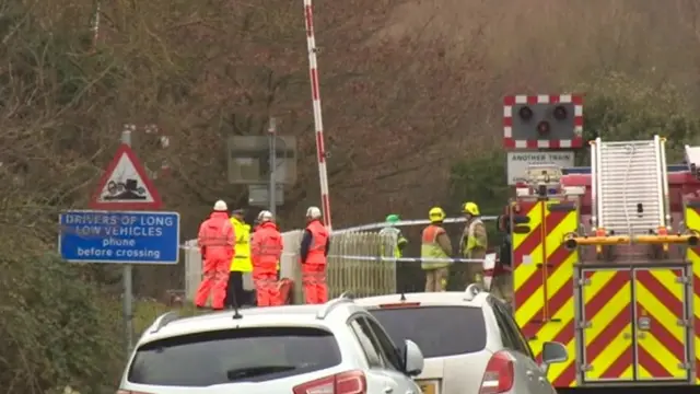 Emergency services at level crossing in Lidlington