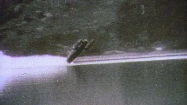 Newsreel photo of Bluebird as it crashed on Coniston.