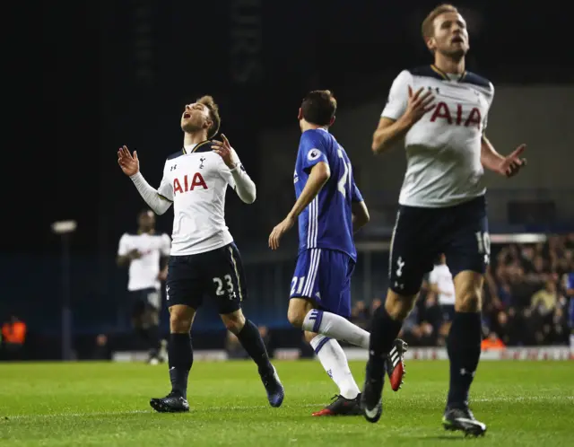 Christian Eriksen reacts to a missed chance