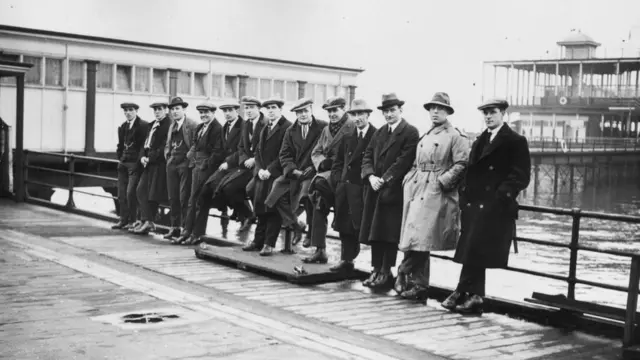 11th January 1924: Queens Park Rangers FC soccer players on the pier at Southend, Essex.