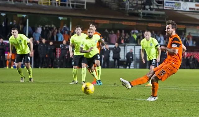 Tony Andreu scores his winning penalty for Dundee United against Hibs