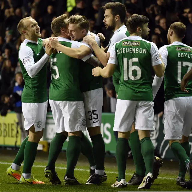 Hibs celebrate Jason Cummings' opening goal