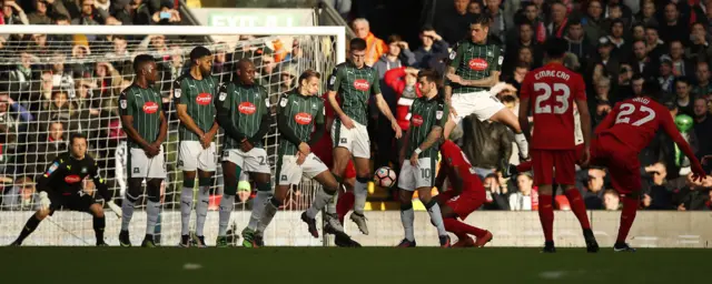 Plymouth block a Liverpool free-kick