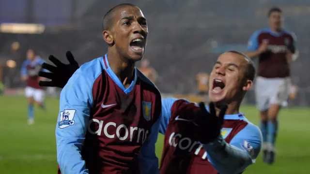 Villa's Ashley Young Celebrates Gabriel Agbonlahor