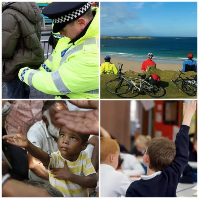 Police searching suspect, cyclists admiring scenery, global poverty, pupil in classroom