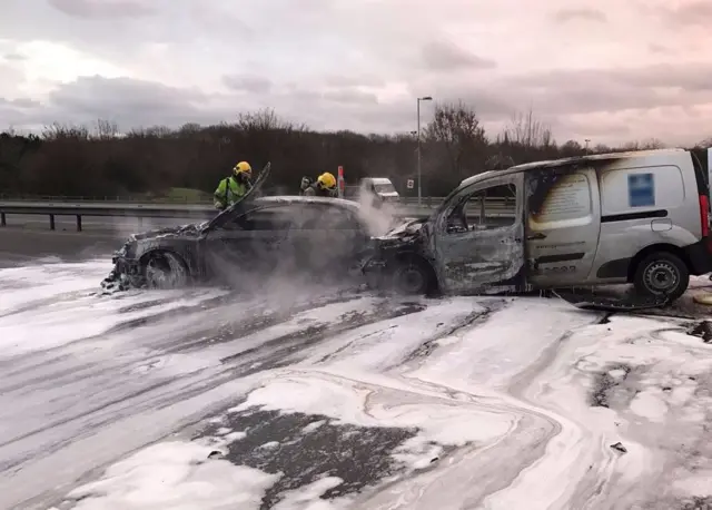 Crashed, burnt-out vehicles