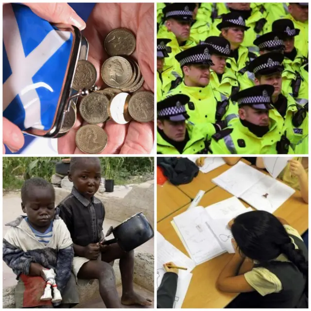 Money, police, global poverty and pupils