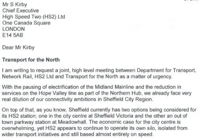 Julie Dore's letter to HS2's Chief Executive