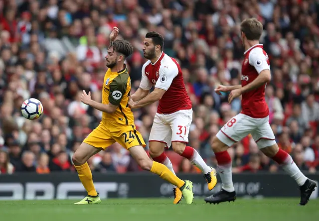 Brighton's Propper and Arsenal's Kolasinac in action