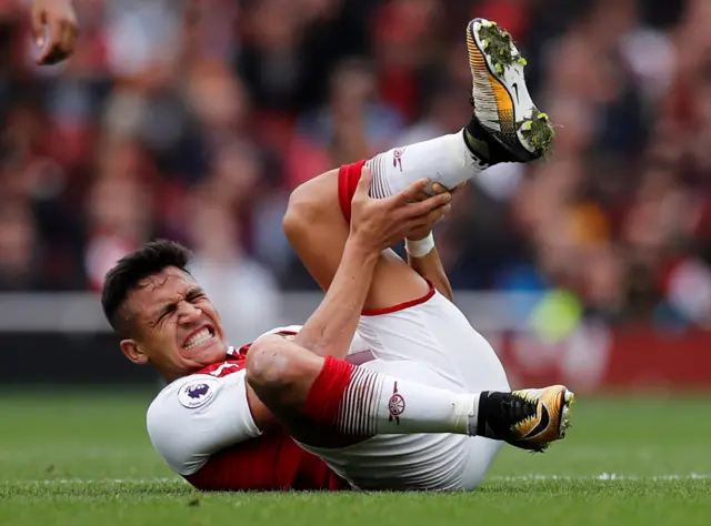 Arsenal's Sanchez is down after a challenge by Brighton's Duffy