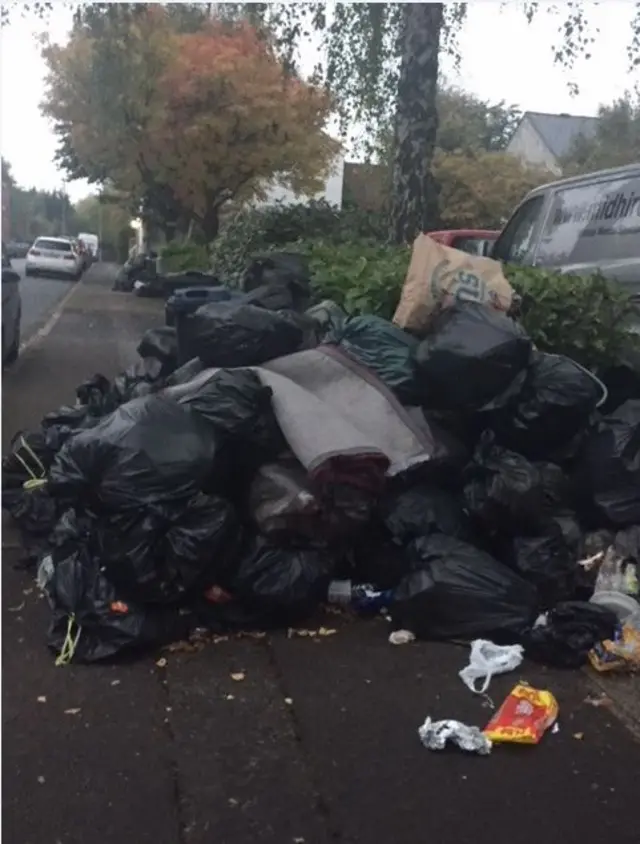 Bin bags mounting up in Brookfield Road, Hockley