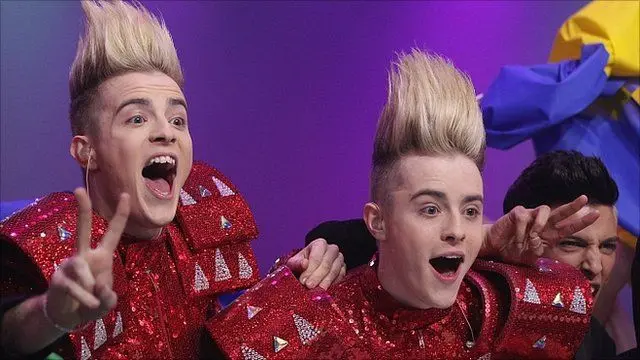 Jedward pose during their performance at Eurovision