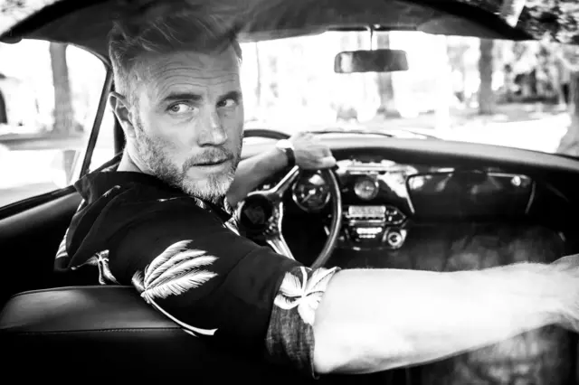 Black and white photo of Gary Barlow