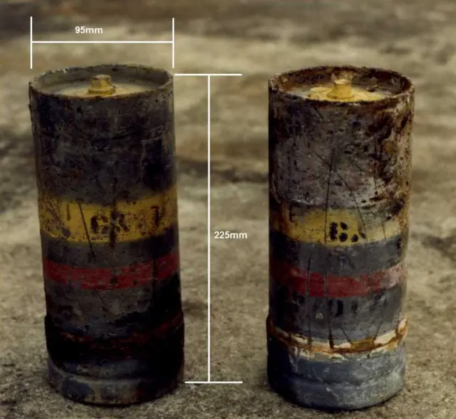 Two examples of the type of canister that contained mustard gas