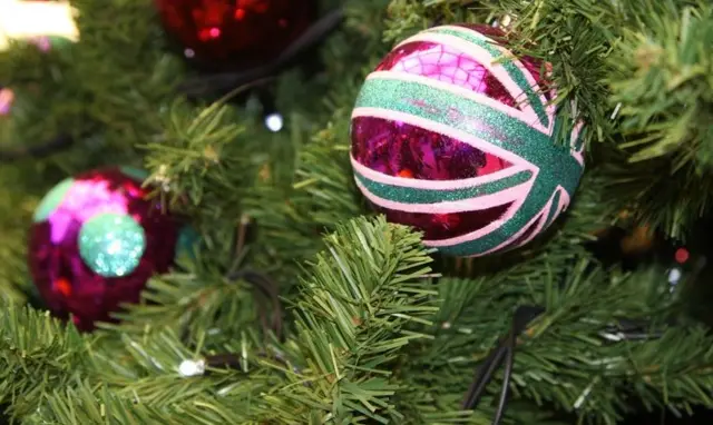 Baubles on a Christmas tree.