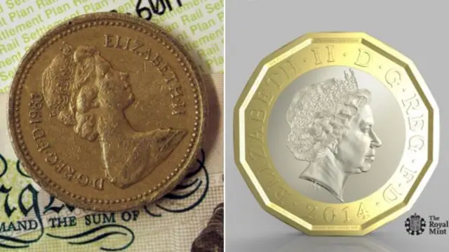 An old and a new £1 coin