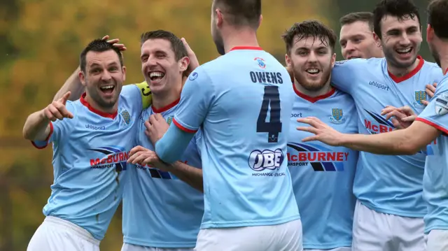 All smiles in the Ballymena camp as they lead 3-1 at home to Ards